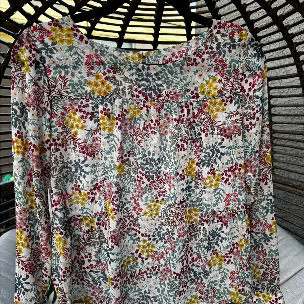 Loft Women's Floral Print Long Sleeve Lightweight Blouse XS Petite Multicolor